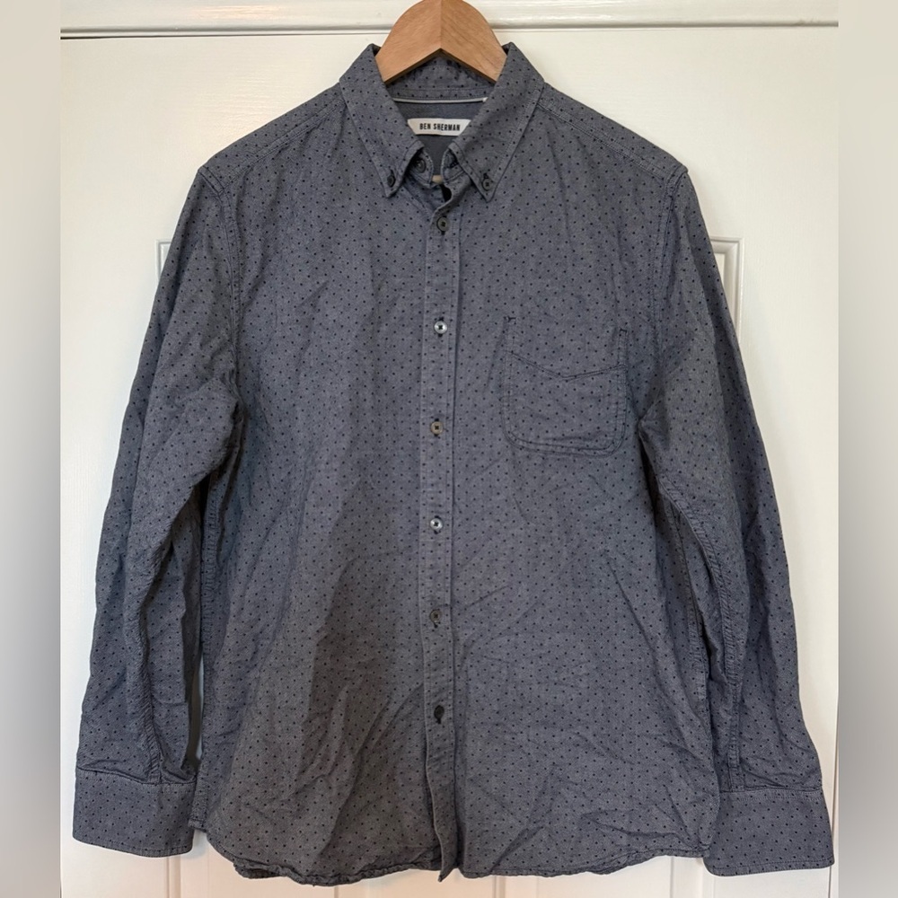🇬🇧 Ben Sherman Mod Fit Button-Down Shirt Navy Blazer Polka Dot 100% Cotton XL 🇬🇧